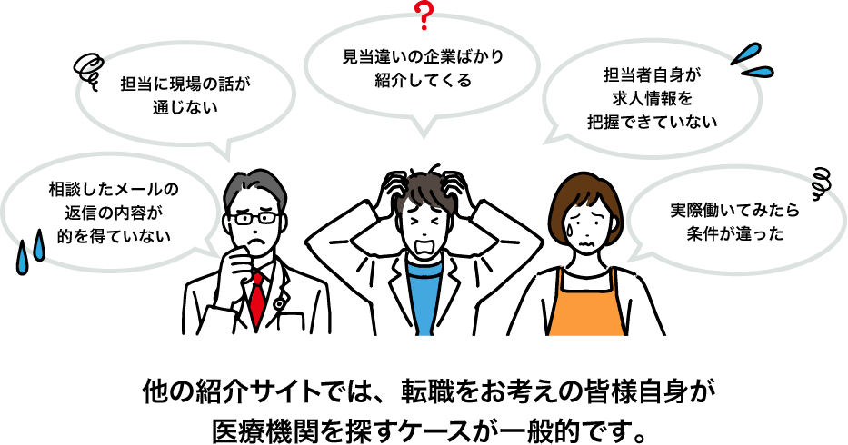 他の紹介サイトでは、転職をお考えの皆様自身が医療機関を探すケースが一般的です。